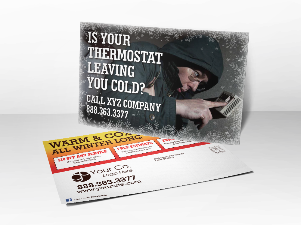 'Is Your Thermostat Leaving You Cold?' Freezing Man Postcard - Front & Back