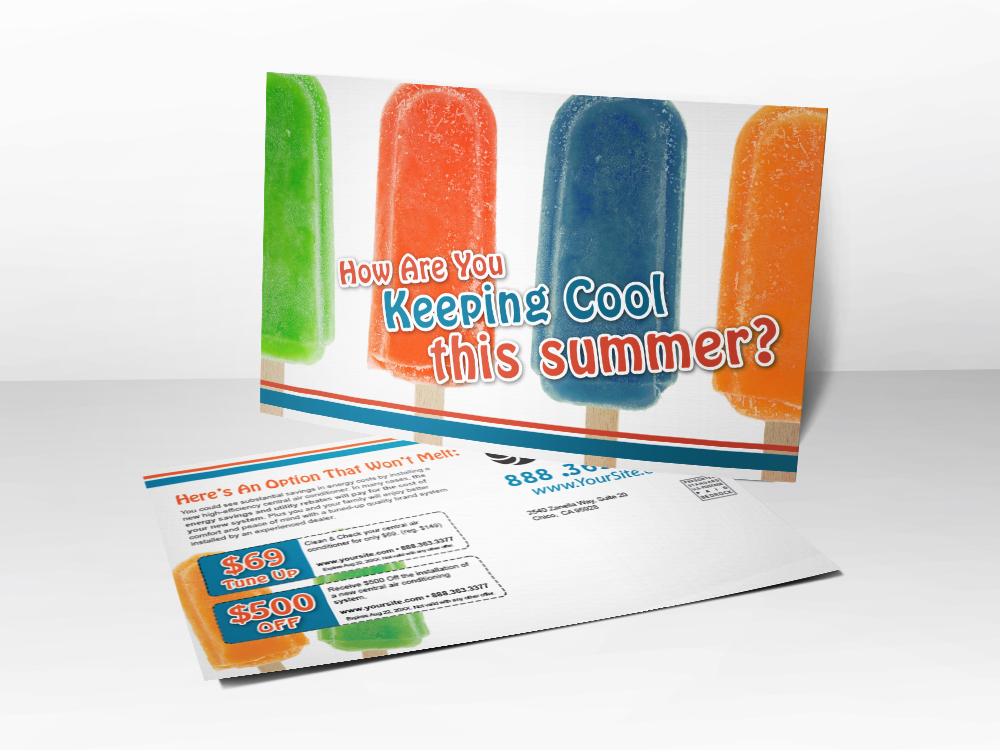 HVAC marketing postcard for AC marketing with popsicles.