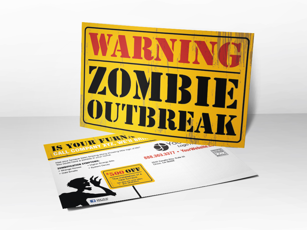 'Zombie Outbreak' Yellow Warning HVAC Postcard - Front & Back