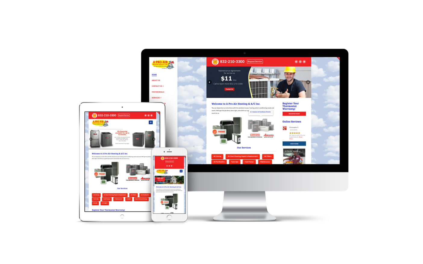 A custom designed website for an HVAC company displayed on multiple screens.