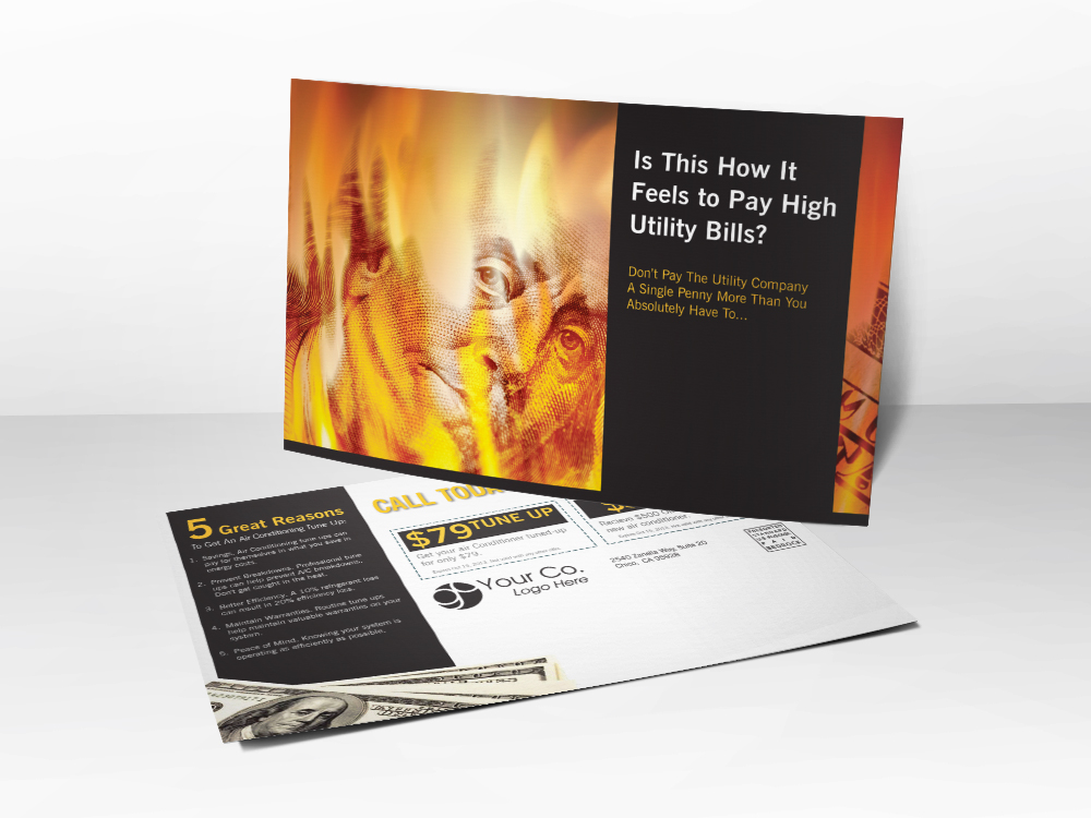 An HVAC marketing postcard with a picture of a burning dollar bill on the front representing high utility bills.