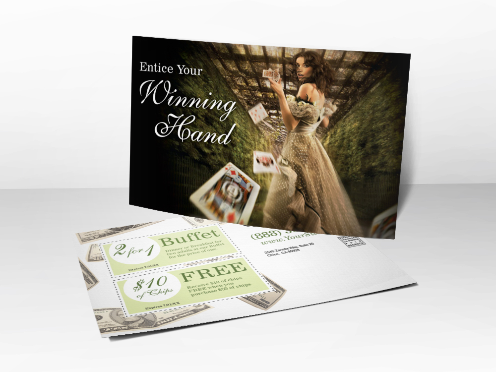 A casino marketing postcard with a picture of a woman and playing cards on the front and coupons on the back.