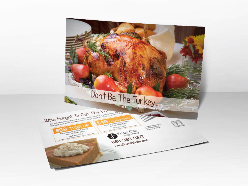 An HVAC marketing postcard with a picture of a Thanksgiving turkey on the front, pumpkin pie on the back, and furnace tune-up coupons on the back.