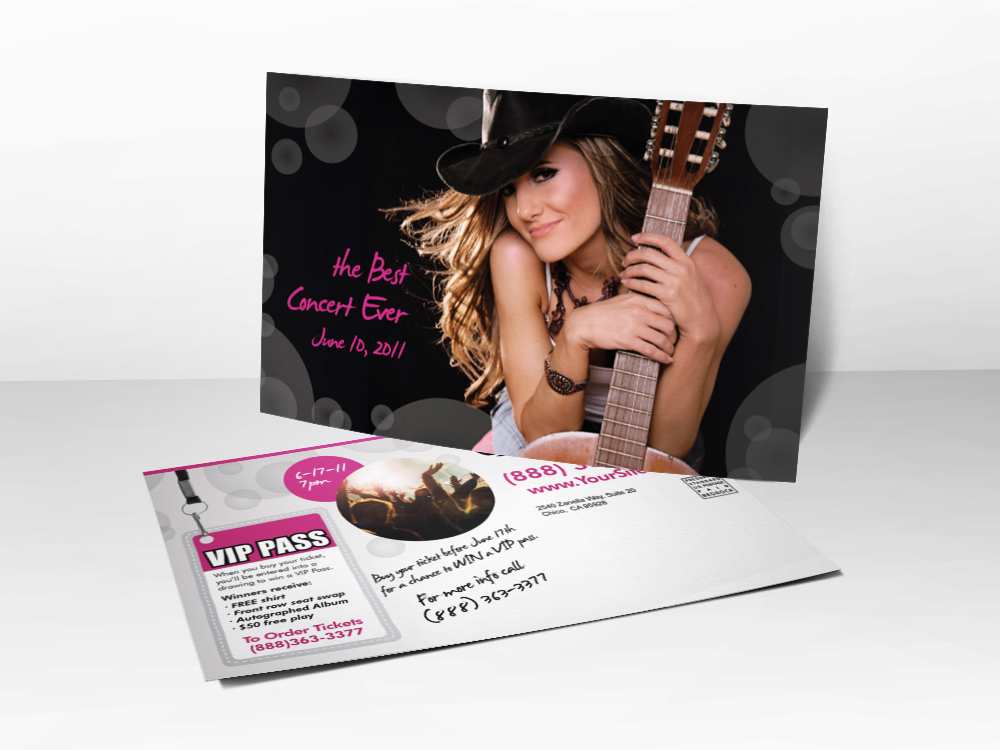 A marketing postcard for special events with a picture of a country music female singer holding a guitar.