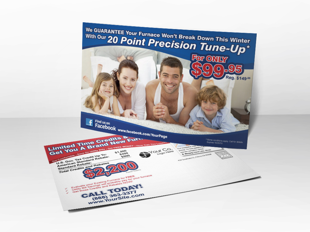 An HVAC marketing postcard with a picture of a smiling family of four on the front and information about tax rebates on the back.