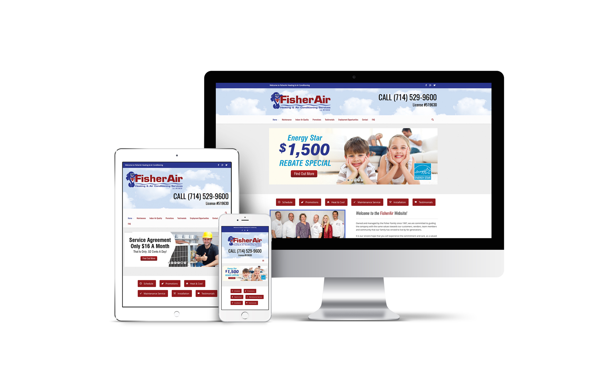 A custom designed website for an HVAC company displayed on multiple screens.