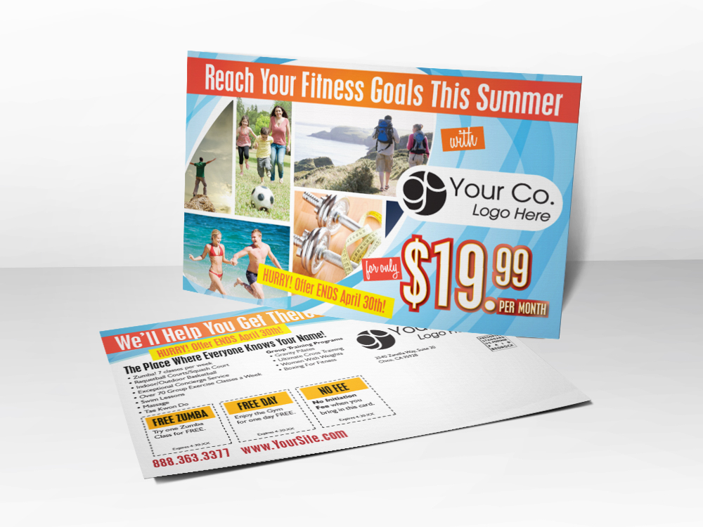A marketing postcard for fitness centers or fitness gyms with pictures of people working out and looking fit and coupons on the back.