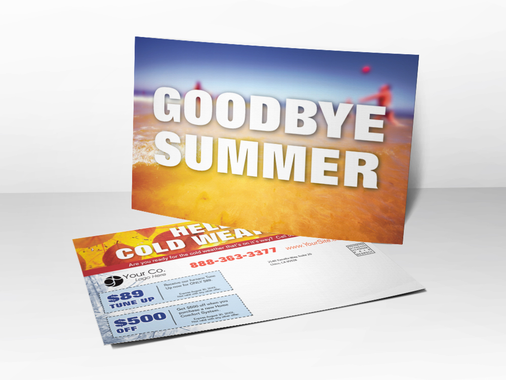 An HVAC marketing postcard with Goodbye Summer and a picture of leaves representing fall is coming; also has furnace tune-up and installation coupons.