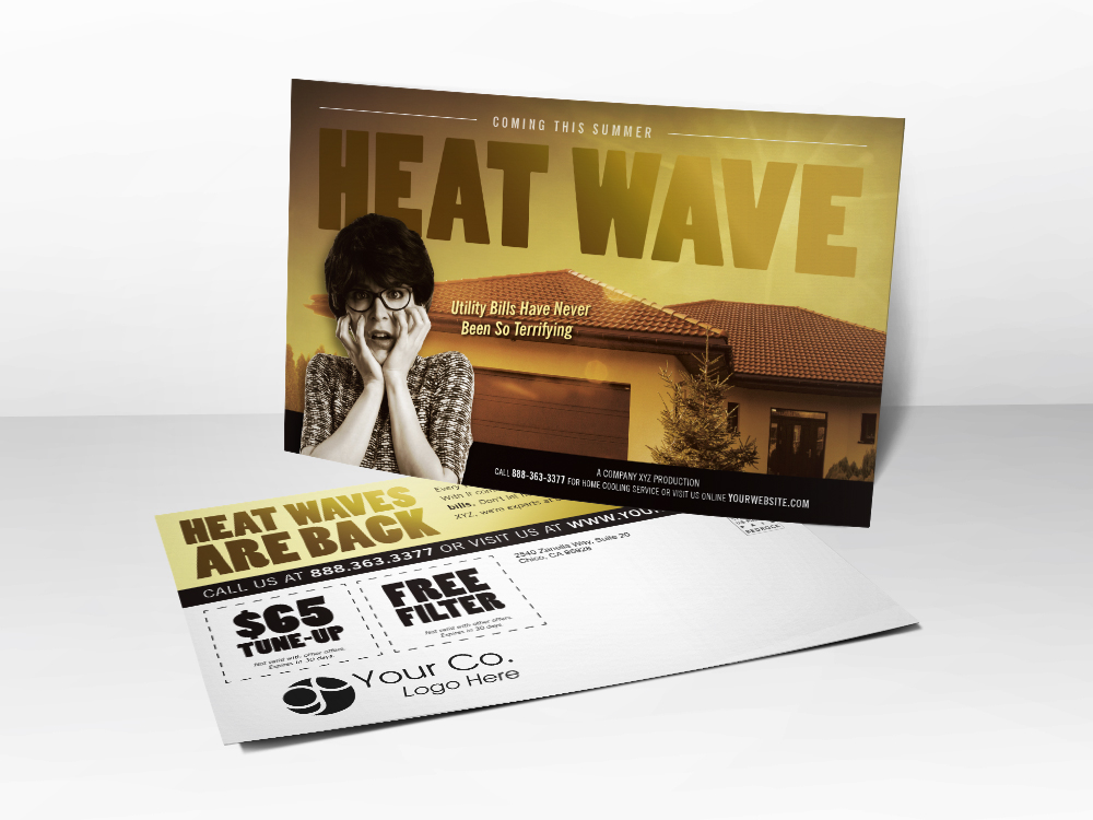 An HVAC marketing postcard with a horror theme including a picture of a frightened lady worried about the coming Summer heat wave.