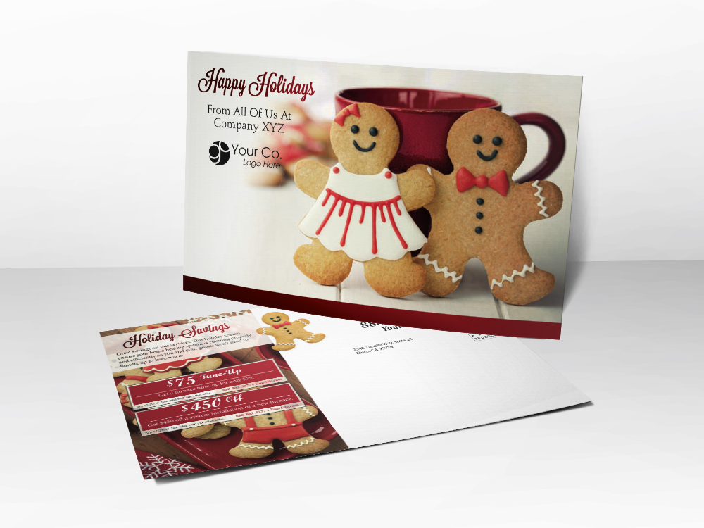 An HVAC marketing postcard with a Christmas theme with pictures of gingerbread, hot chocolate, and furnace tune-up and furnace installation coupons.