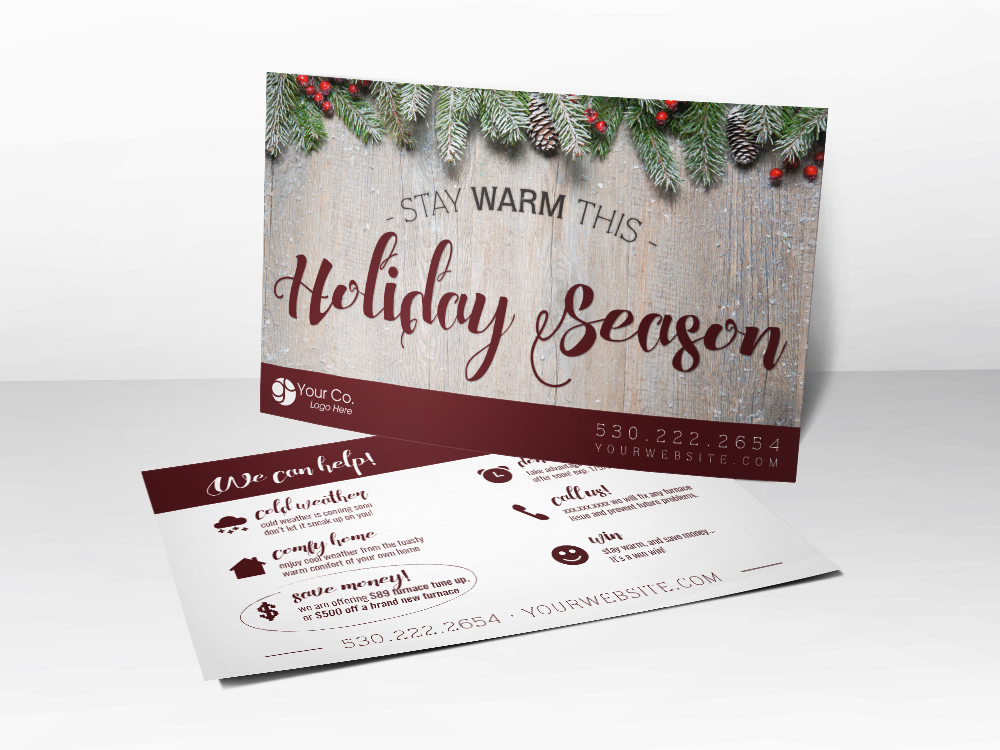 An HVAC marketing postcard with a Holiday them and a picture of holly on the front.