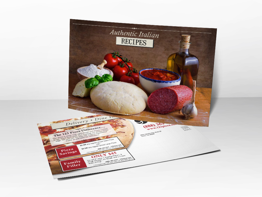 A marketing postcard for pizza companies with a picture of ingredients on the front and a pizza and coupons on the back.