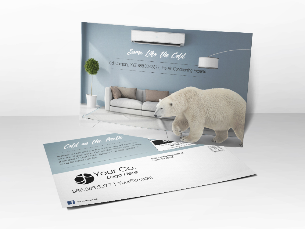 An HVAC marketing postcard for summer tune-up advertising with a picture of a polar bear walking through a living room.