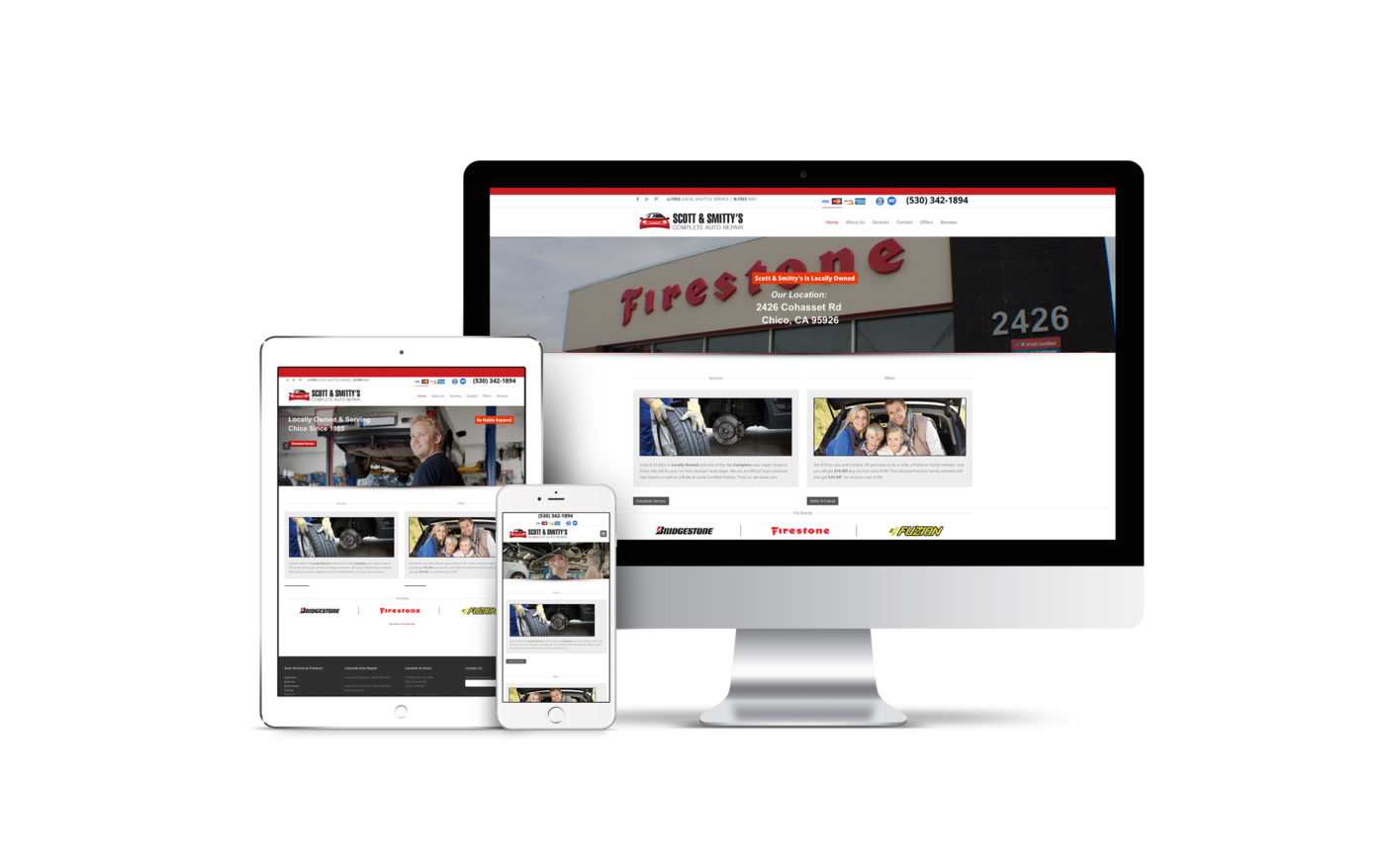 A custom designed website for an auto repair shop displayed on multiple screens.