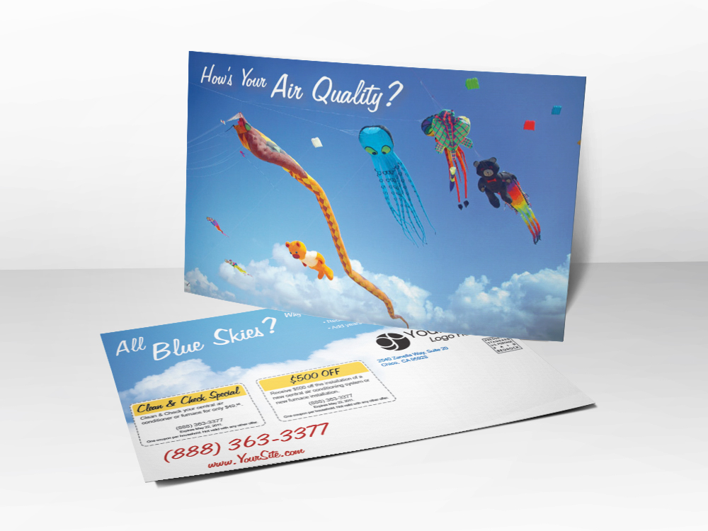 An HVAC marketing postcard with a picture of kites flying on a clear blue sky day representing good air quality.