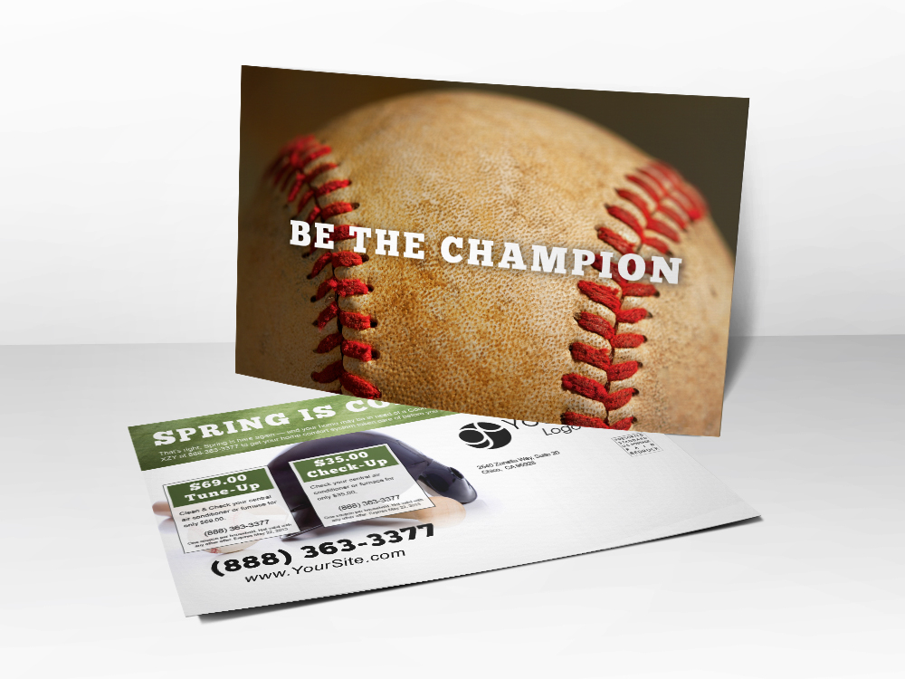 An HVAC marketing postcard for Spring with a picture of a baseball on front.