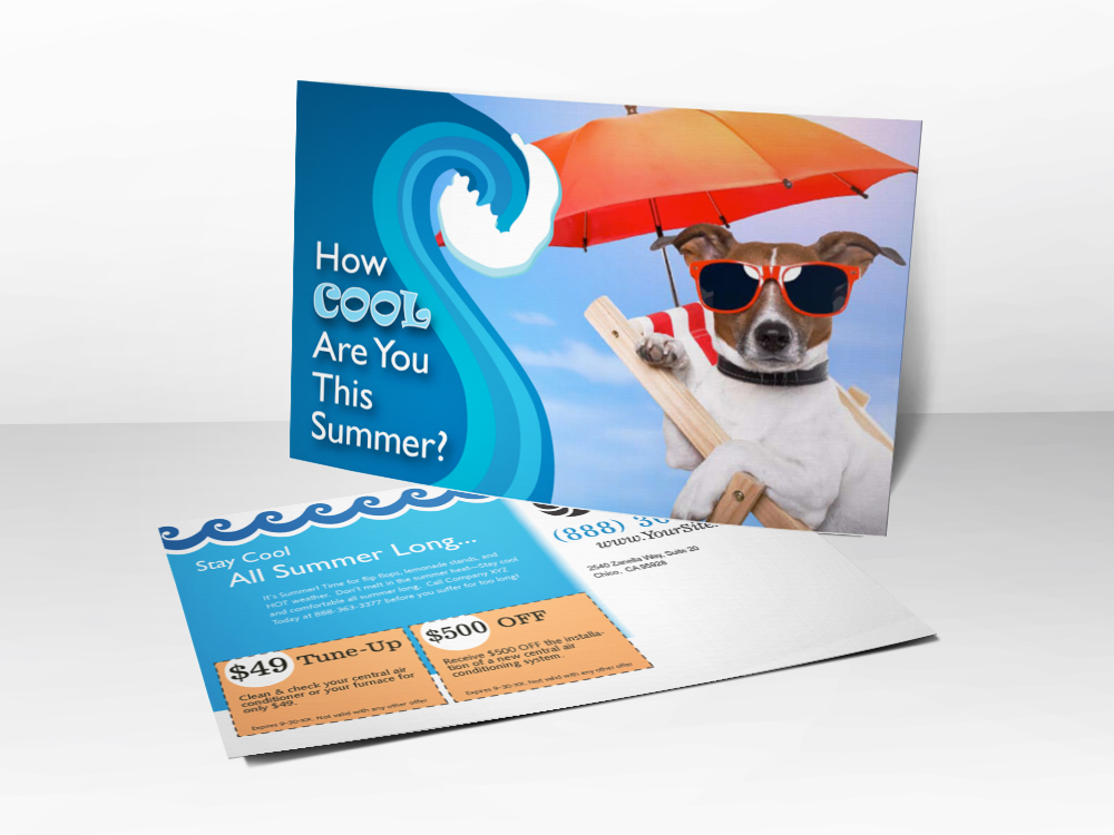 An HVAC marketing postcard with a picture of a dog wearing sunglasses and tune-up and replacement coupons on the back.