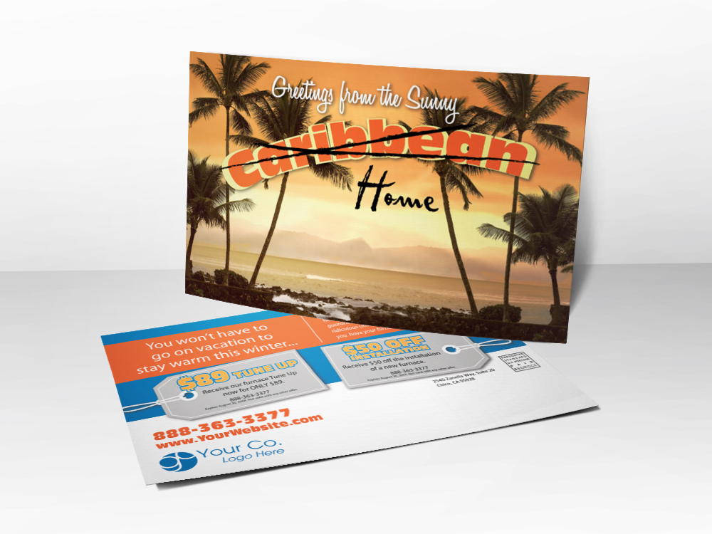 An HVAC marketing postcard for Winter with a picture of palm trees and the ocean on front and tune-up and installation coupons on the back.