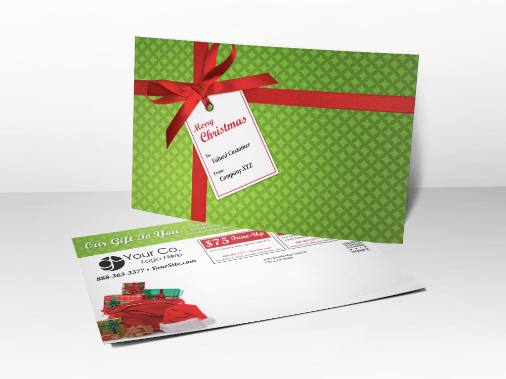 An HVAC marketing postcard with a Christmas them intended to be used as a Christmas card for customers; includes coupons for a furnace tune-up or furnace installation on the back.