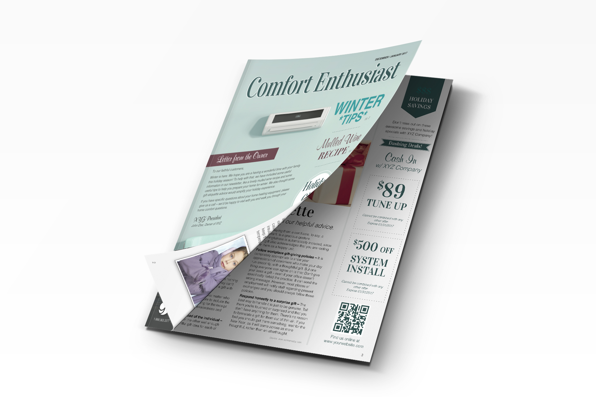 An HVAC marketing newsletter with winter themes and HVAC coupons.