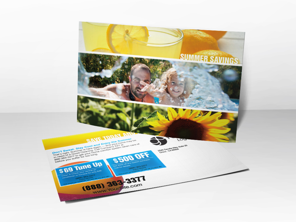 A marketing postcard for HVAC companies with different pictures representing summer including a picture of lemonade, a father and daughter swimming, and a sunflower.