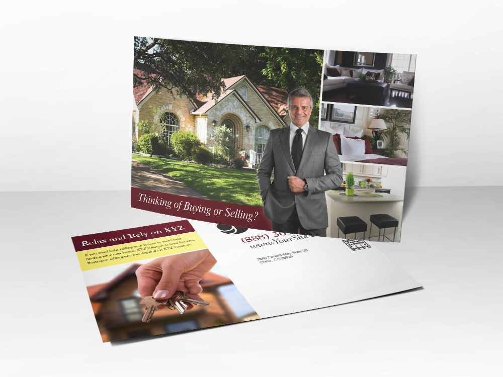 'Thinking of buying or selling' real estate postcard with agent - front & back