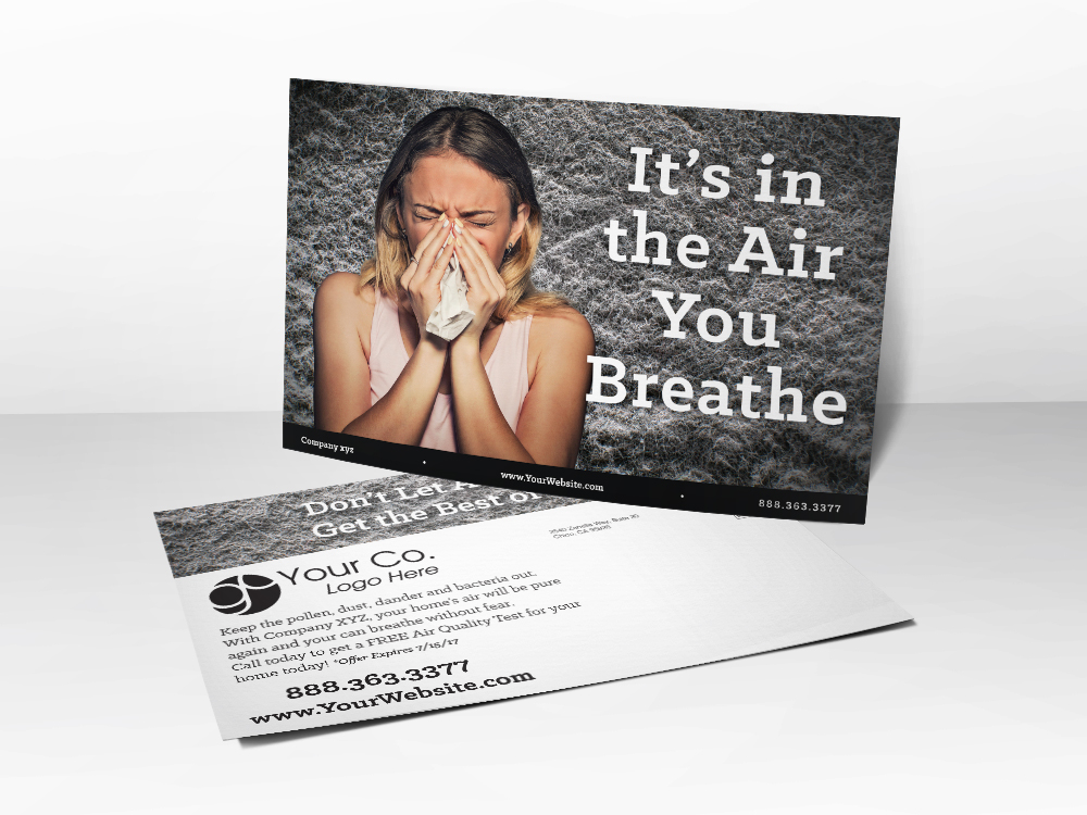 A marketing postcard for HVAC and Air Quality companies with a picture of a lady blowing her nose on it with dust particles in the background.