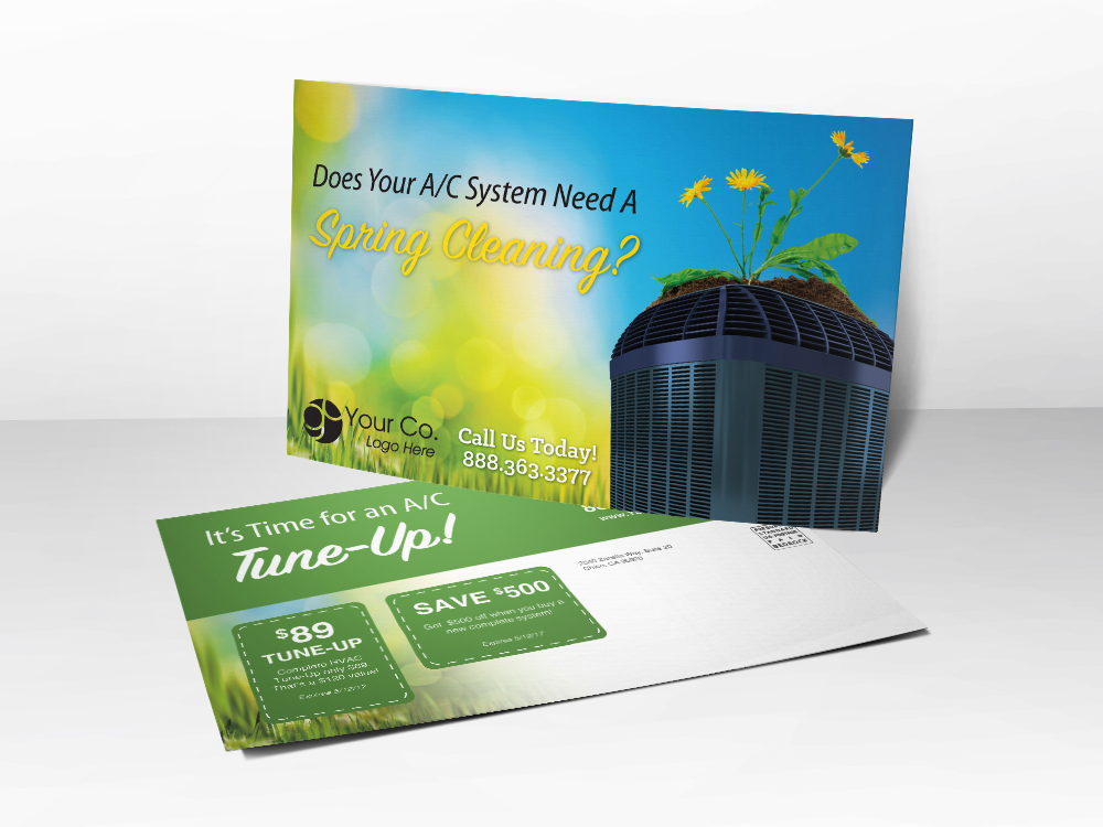 A marketing postcard for HVAC companies with a picture of an a/c unit on the front with flowers growing out of the unit.