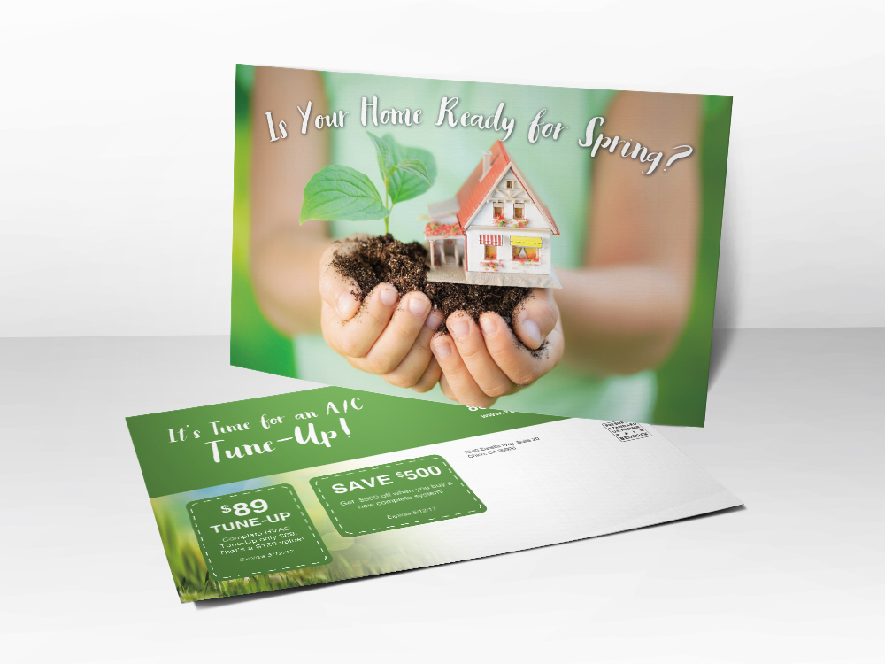 A marketing postcard for HVAC companies with a picture of a child holding a miniature house in her hands and the line "is your home ready for spring" above the house.