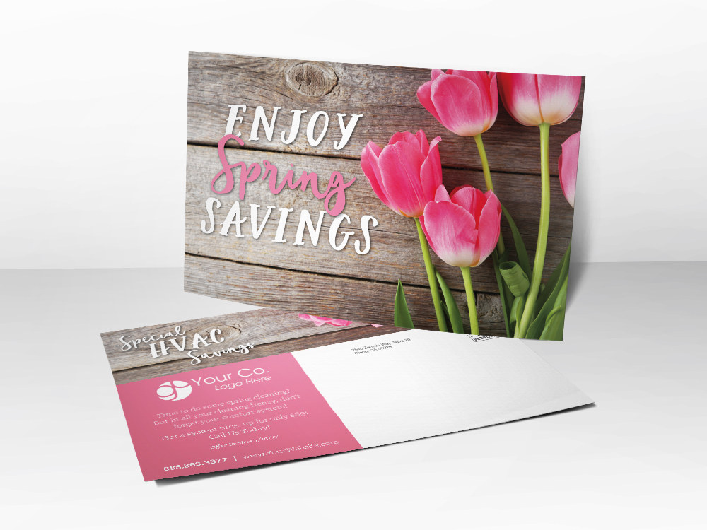 A marketing postcard for HVAC companies with a picture of pink flowers on it representing spring.