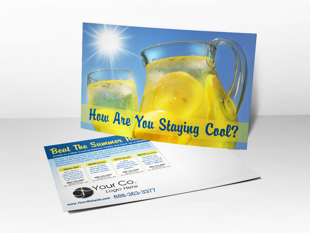 An HVAC marketing postcard for HVAC companies that has a picture of a pitcher of lemonade and a bright sun.