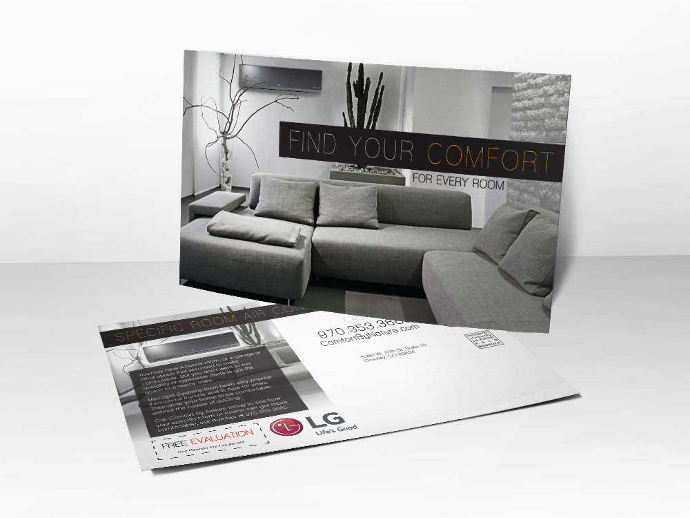 An advertising postcard for HVAC companies with a picture of a living room sofa representing being comfortable with a new or working HVAC system.