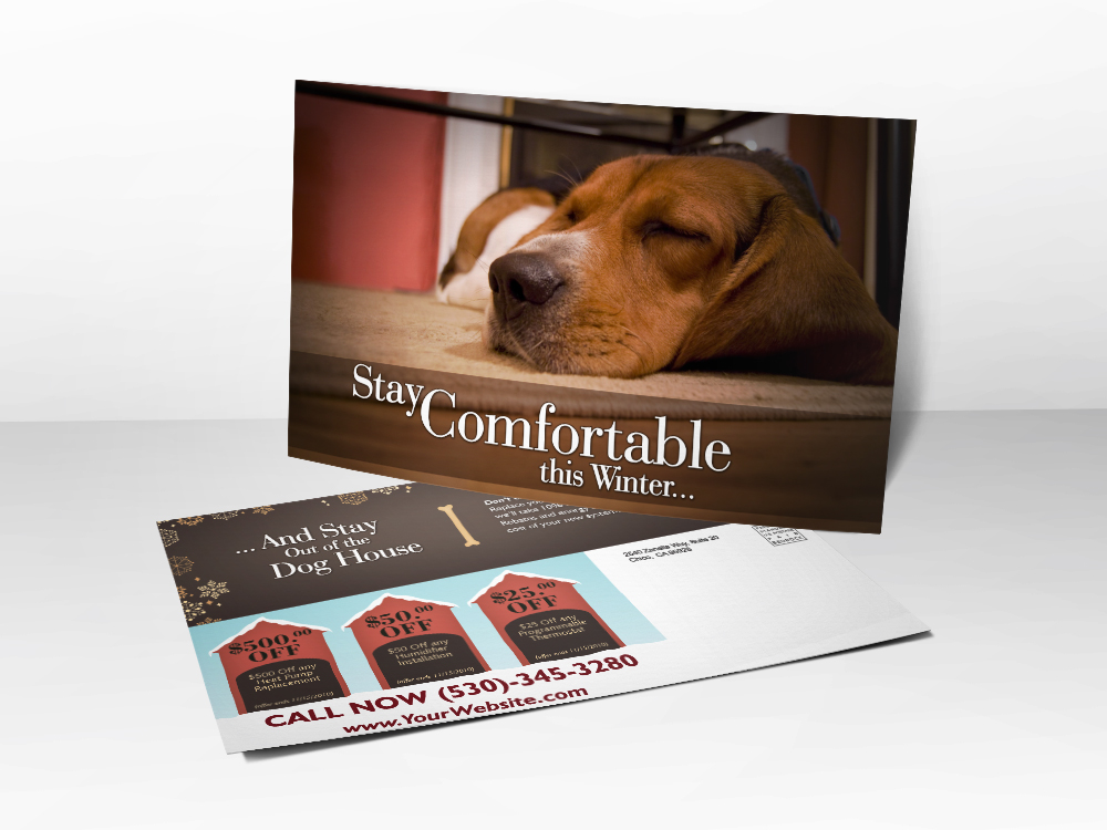 An advertising postcard for HVAC companies with a picture of a sleeping dog showing how comfortable a new or working HVAC system is.