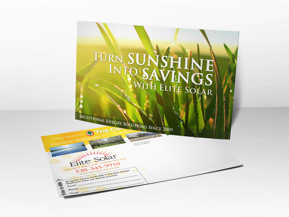 An advertising postcard for solar companies with a picture of sun shining through dewy grass.