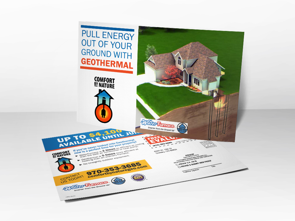 An advertising postcard for HVAC companies with a picture of a house pulling geothermal heat from the ground.