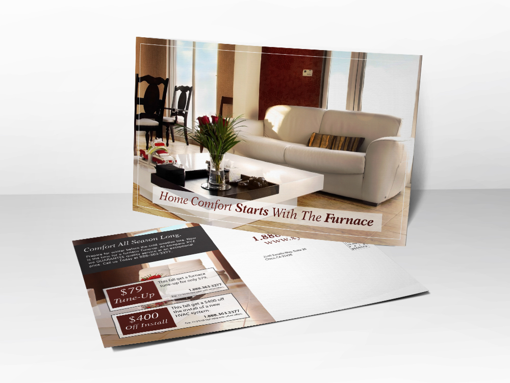 An advertising postcard for HVAC companies with a picture of a living room representing comfort from a new furnace or furnace tune-up.
