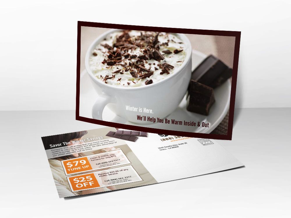 An advertising postcard for HVAC companies with a picture of hot chocolate on it representing winter is here and it is time to buy a new furnace or get a furnace tune-up.