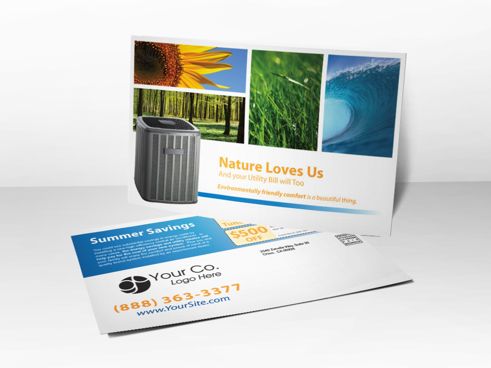 An advertising postcard for HVAC companies with pictures representing the different seasons including a sunflower, dewy grass, an ocean wave, and a forest.