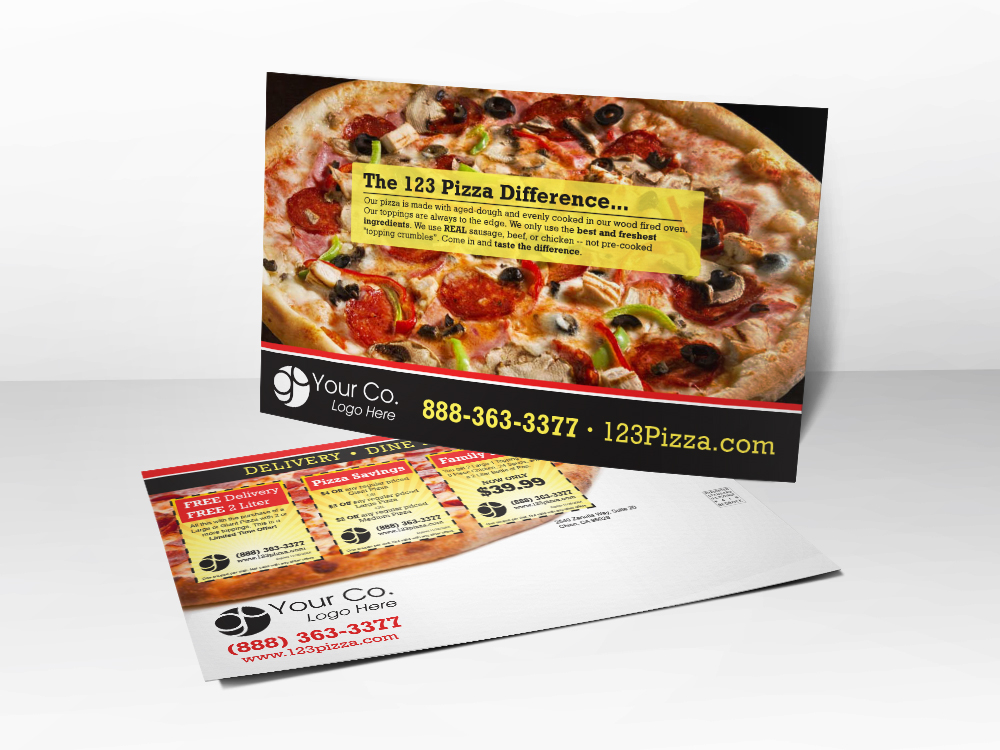 An advertising postcard for pizza companies with a picture of a cooked pizza on it. The pizza has lots of ingredients. The postcard is EDDM size.