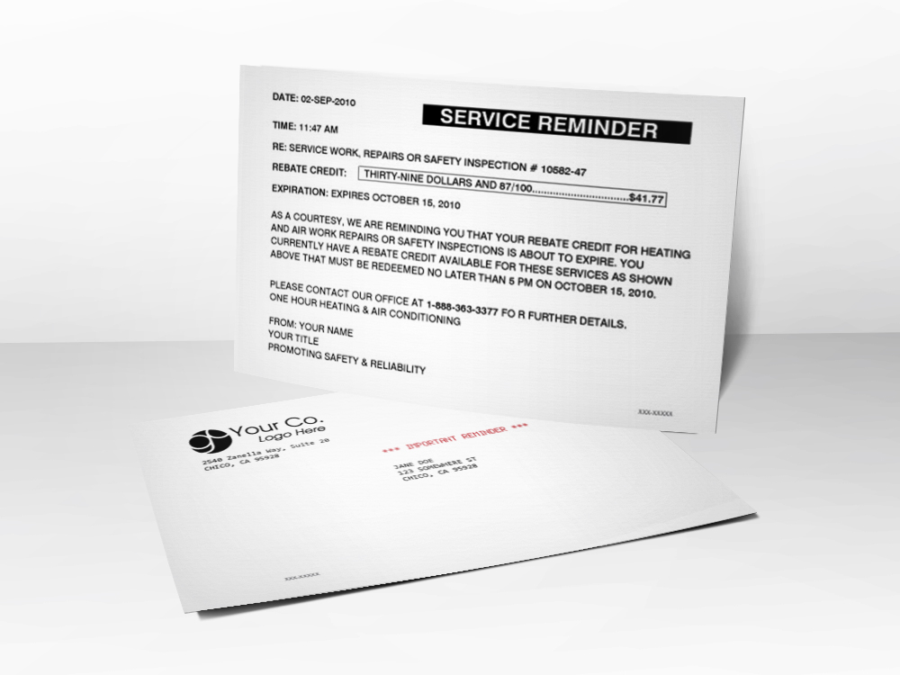 A Service Reminder advertising postcard for HVAC companies.