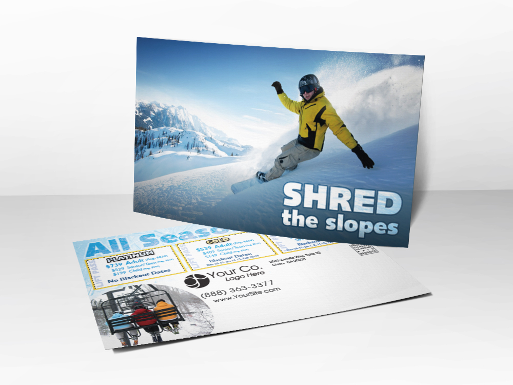 An advertising postcard for ski resorts that has a picture of a man skiing down the powdery slopes.