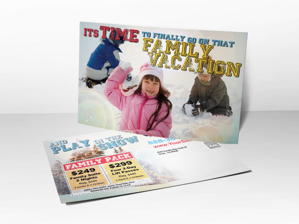 An advertising postcard for ski resorts that has a picture of kids playing in the snow on it.