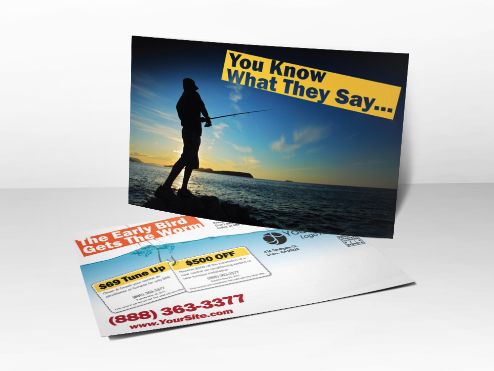 An advertising postcard for HVAC companies with a picture of a man fishing representing the early bird getting the worm.