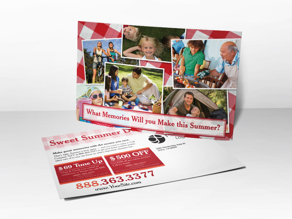 An advertising postcard for HVAC companies with pictures of families having picnics and camping.