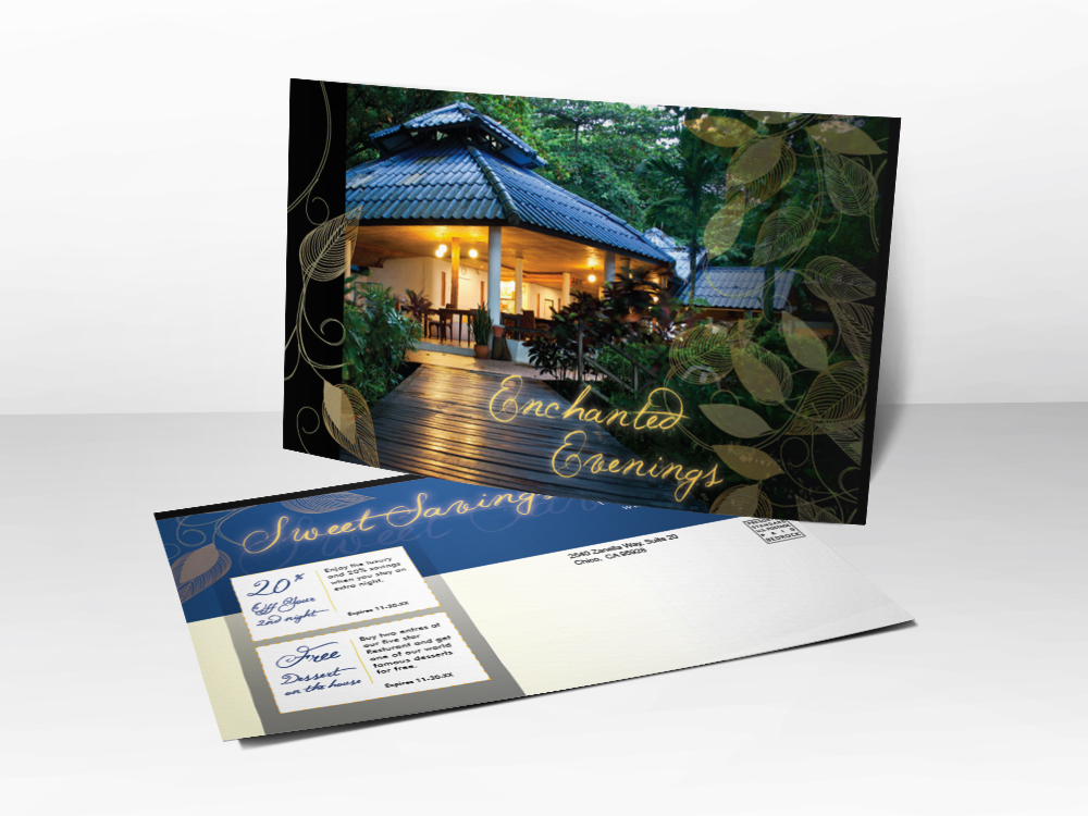 An advertising postcard for hotels or resorts with a picture of an outside cabana in the forest with lights on.