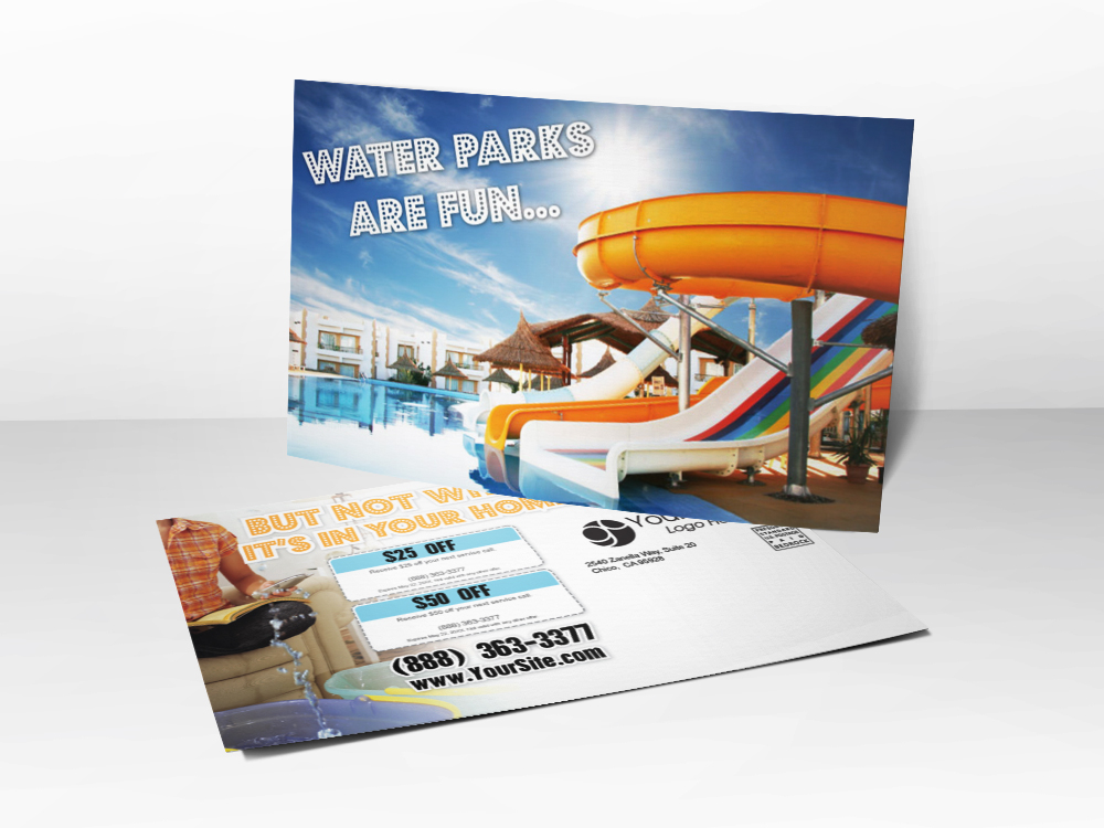 An advertising postcard for plumbing companies with a picture of a water slide on it and leaks coming from a house.