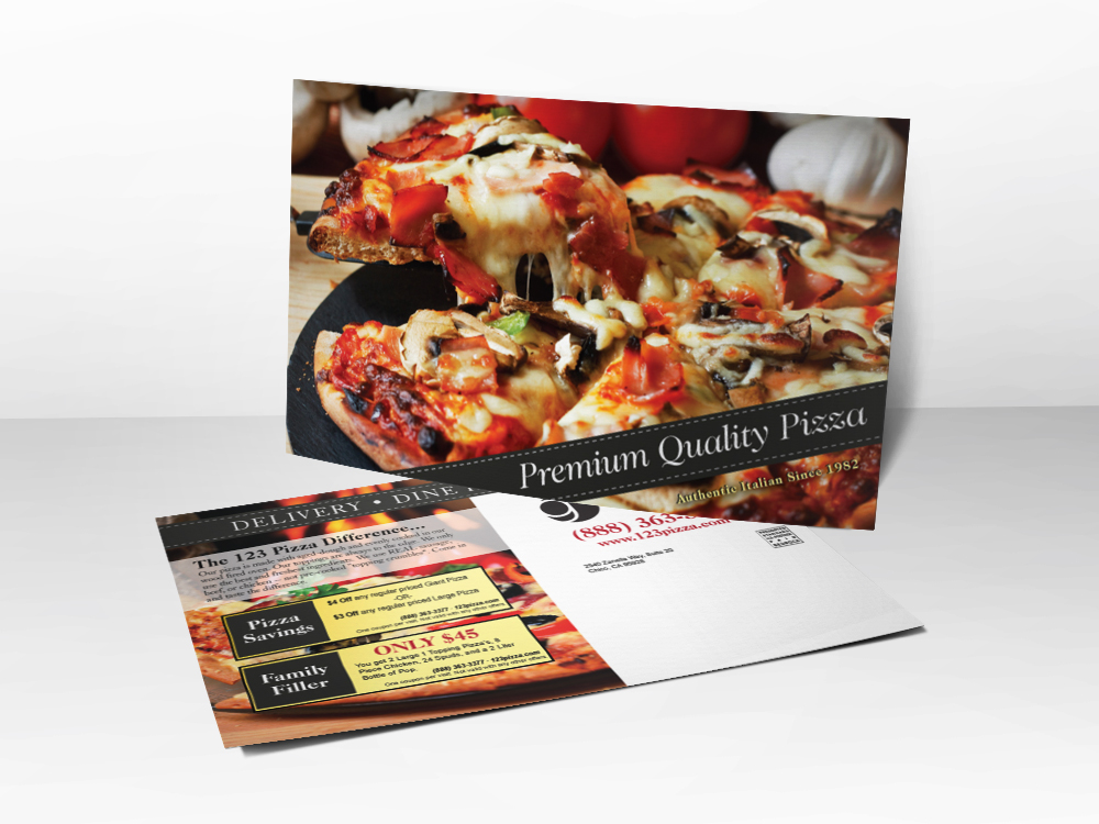 An advertising postcard that pizza companies can use to try and get new business. Picture of cooked and ready to eat pizza.