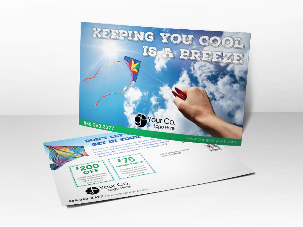 An HVAC advertising postcard with a kite blowing in the cool wind on a sunny day.