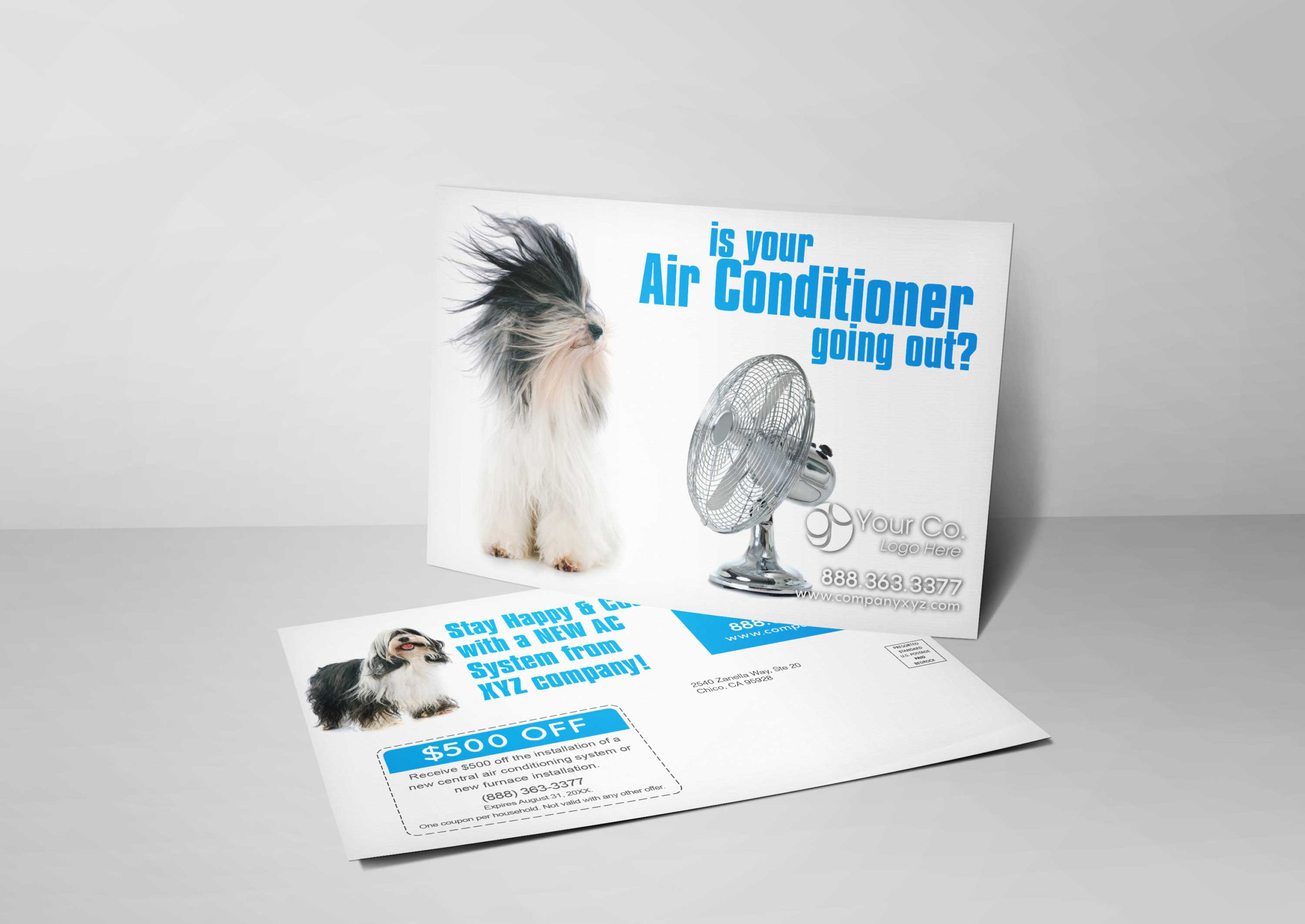 An HVAC marketing postcard for HVAC companies with a picture of a dog relaxing with a fan blowing air.