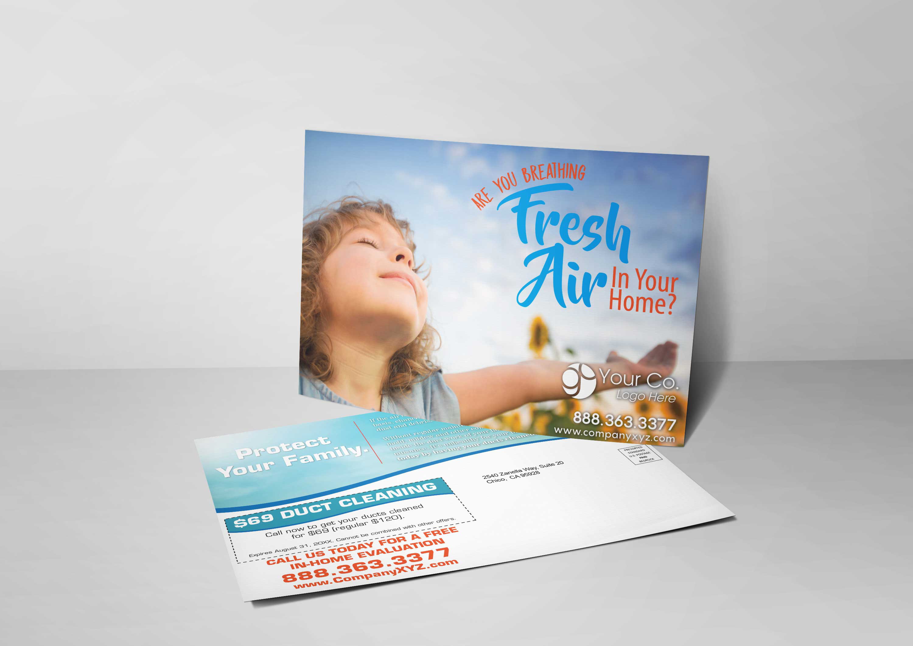An HVAC marketing postcard for HVAC companies with a picture of a girl breathing fresh air.